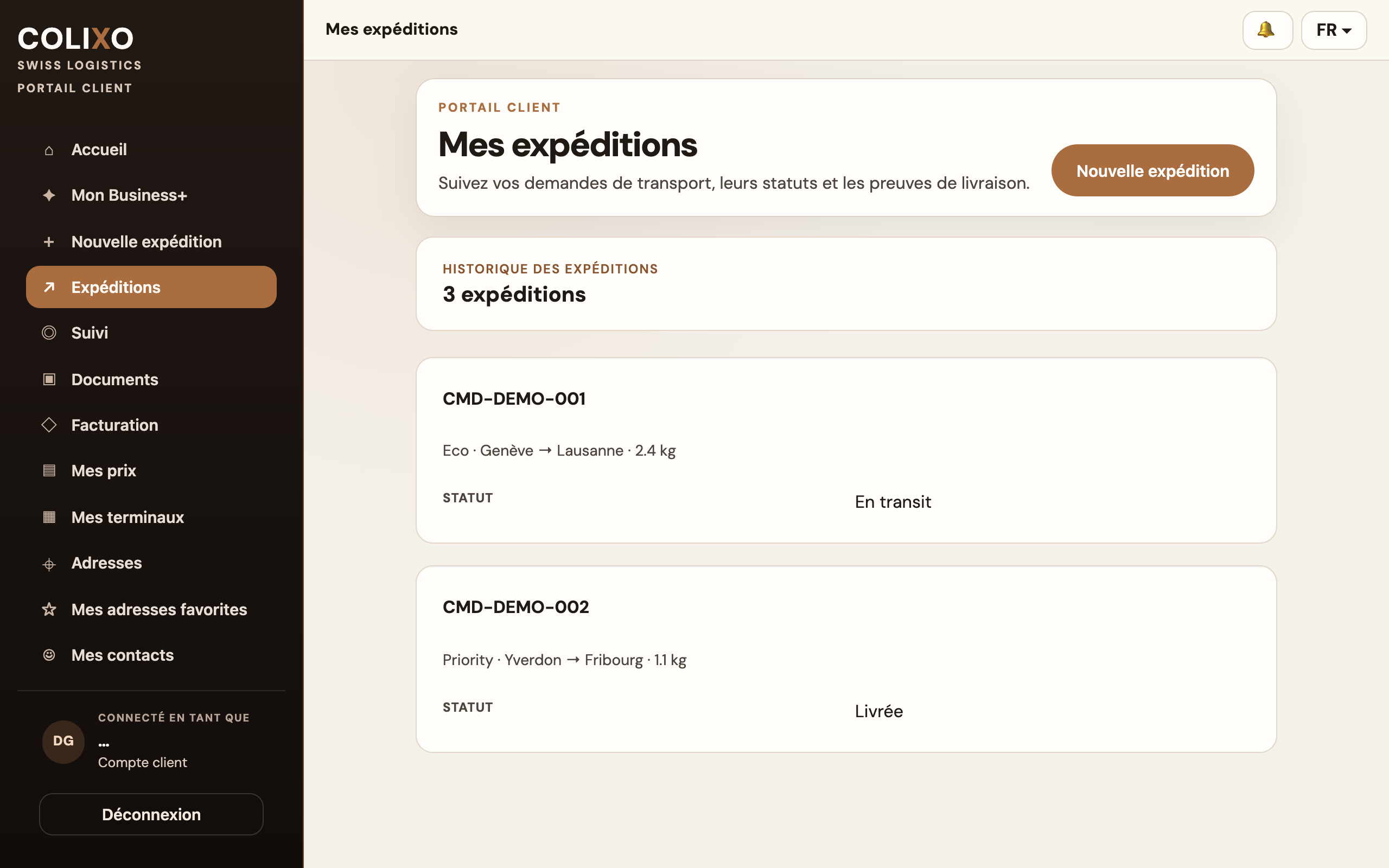 Aperçu de l’espace professionnel Colixo — suivi des expéditions